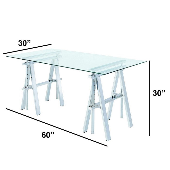 Adjustable Writing Desk with Sawhorse Legs, Clear And Silver