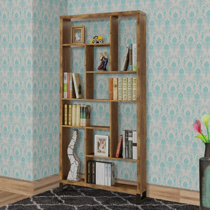 Metal and Wood Modern Style Bookcase with Multiple Shelves, Brown