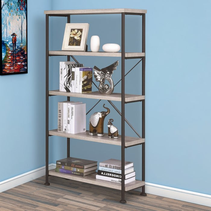 Sophisticated Wood and Metal Open Bookcase, Gray