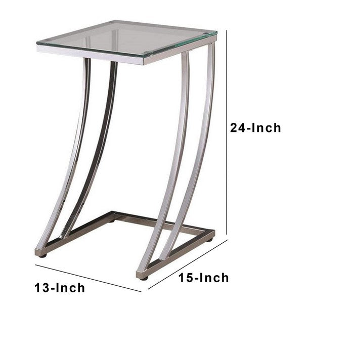 Contemporary Metal Accent Table With Glass Top, Clear And Silver