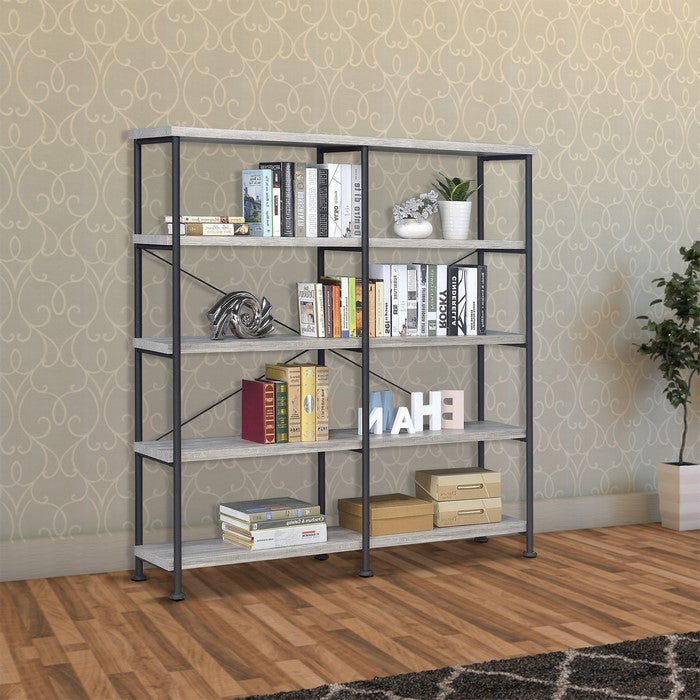 Contemporary Style Wood and Metal Open Bookcase, Gray