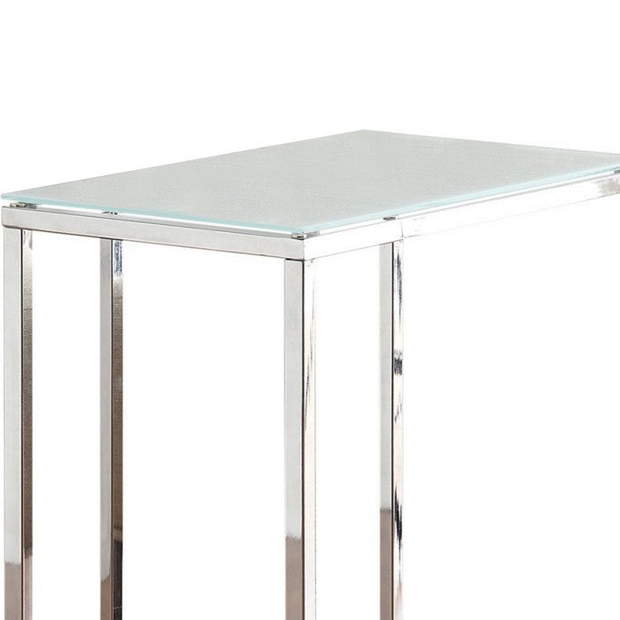 Metal Snack Table with Frosted Tempered Glass Top, Clear And Silver