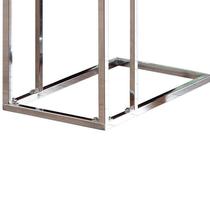 Metal Snack Table with Frosted Tempered Glass Top, Clear And Silver