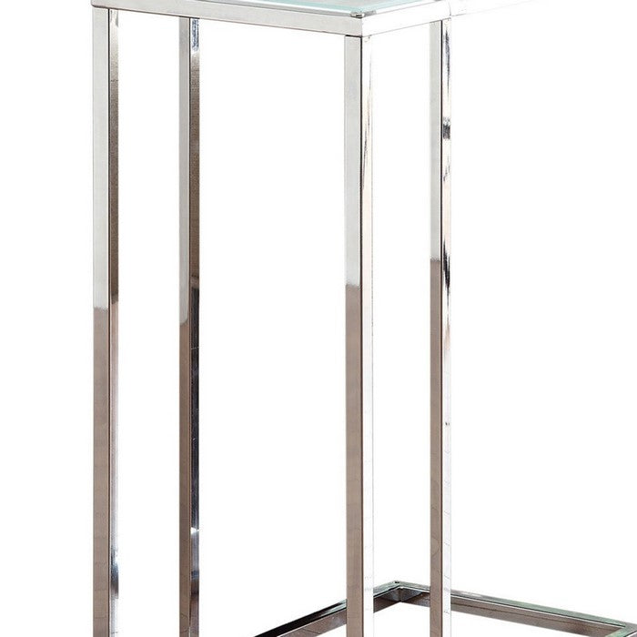 Metal Snack Table with Frosted Tempered Glass Top, Clear And Silver