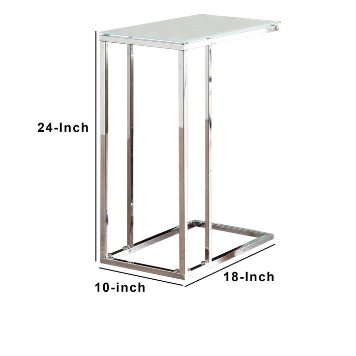 Metal Snack Table with Frosted Tempered Glass Top, Clear And Silver