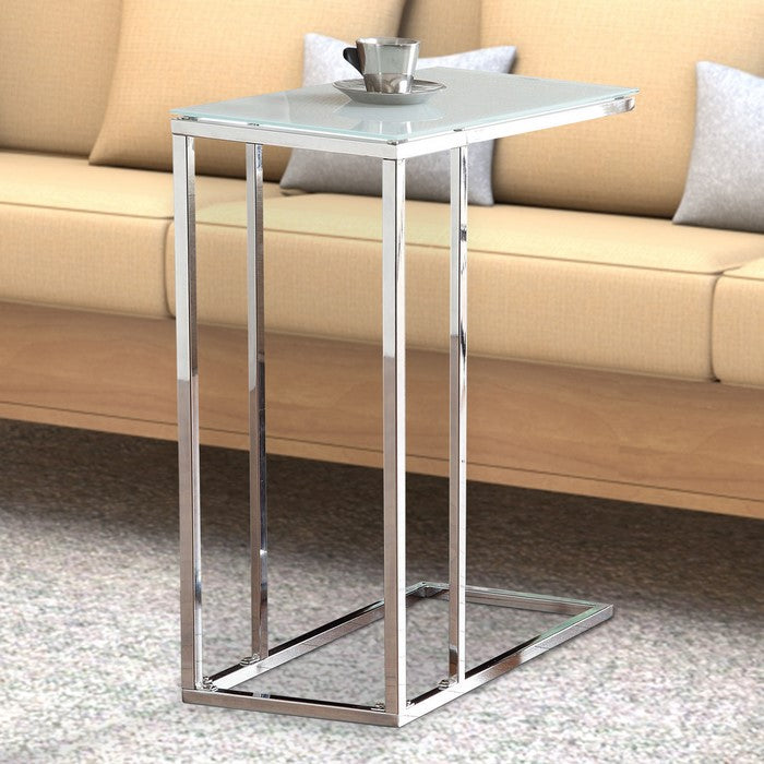 Metal Snack Table with Frosted Tempered Glass Top, Clear And Silver