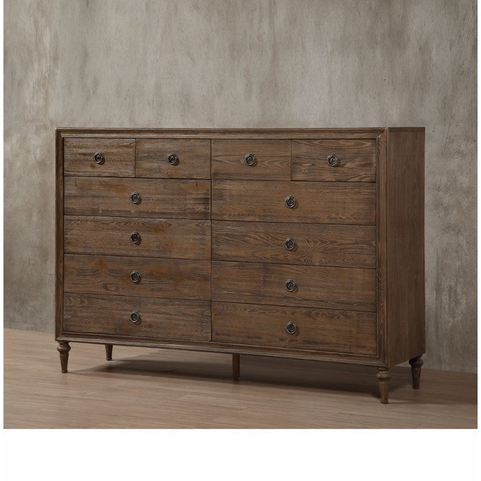 12 Drawer Wooden Dresser with Grain Details, Distressed Brown