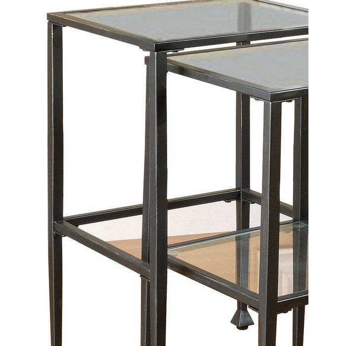 Set Of 2 Metal Nesting Tables With Glass Top, Black