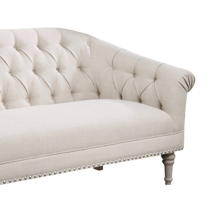 Traditional Settee With Tufting And Pleated Roll Arms, White