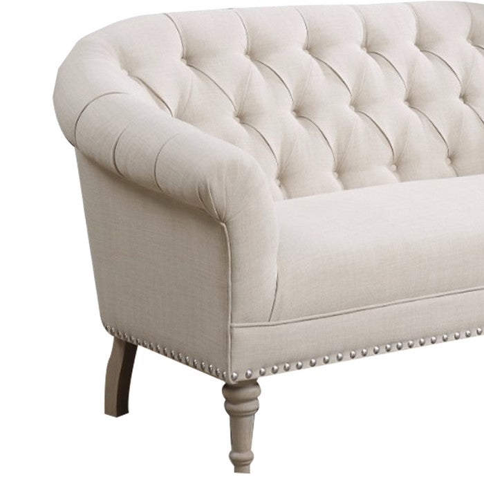 Traditional Settee With Tufting And Pleated Roll Arms, White