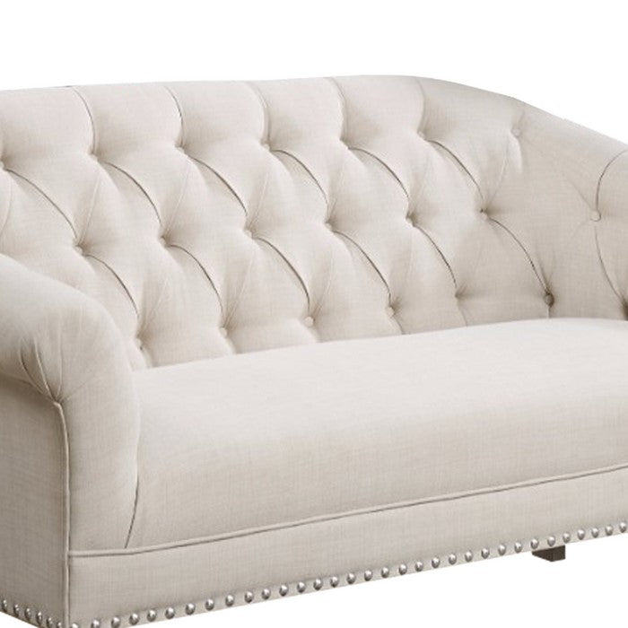 Traditional Settee With Tufting And Pleated Roll Arms, White