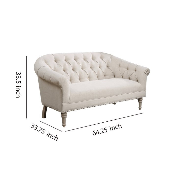 Traditional Settee With Tufting And Pleated Roll Arms, White