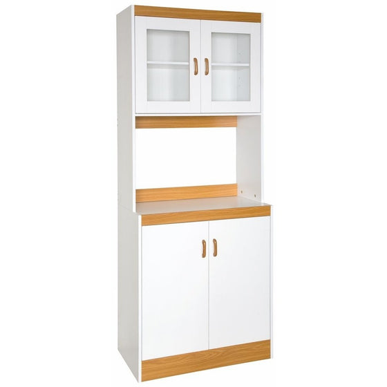 Home Source Industries 153BRD - Tall Kitchen Microwave Cart - Cabinets, Shelf and Glass Doors - White with Light Wood Trim