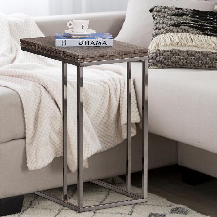 Stylish Wooden Snack Table With Metal Base, Gray