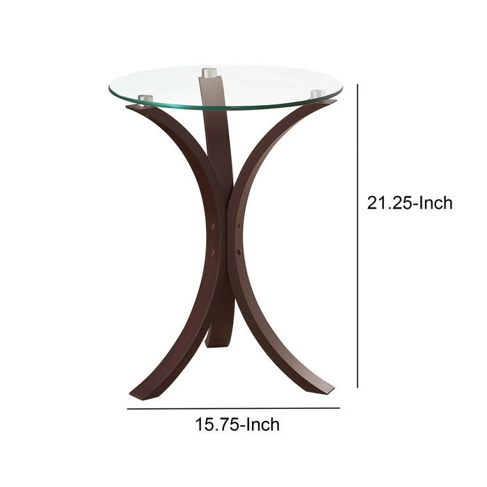 Contemporary Metal Accent Table With Glass Top, Brown And Clear