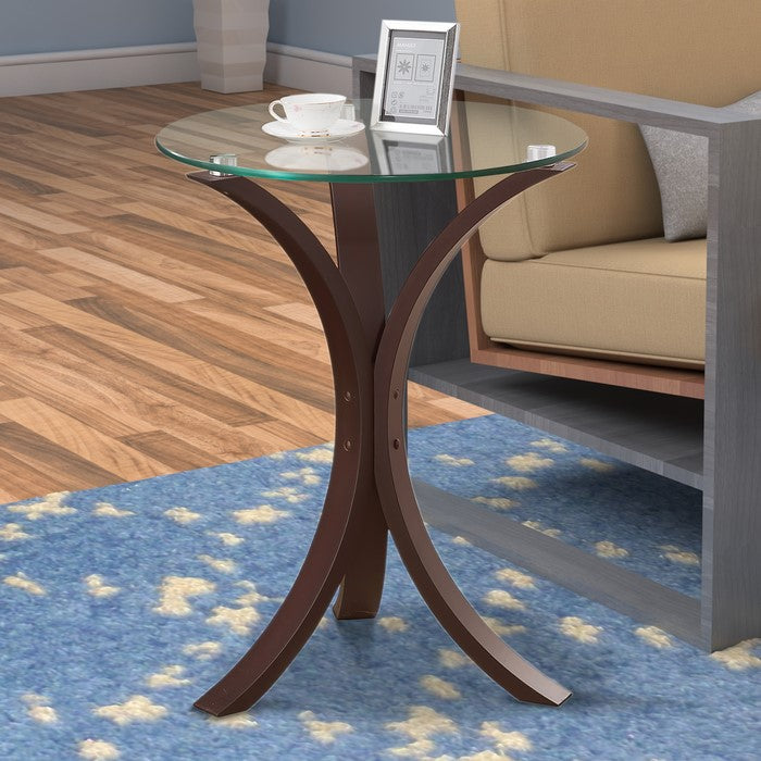 Contemporary Metal Accent Table With Glass Top, Brown And Clear