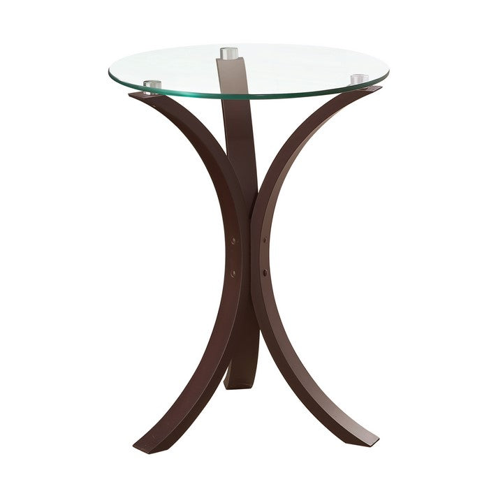 Contemporary Metal Accent Table With Glass Top, Brown And Clear