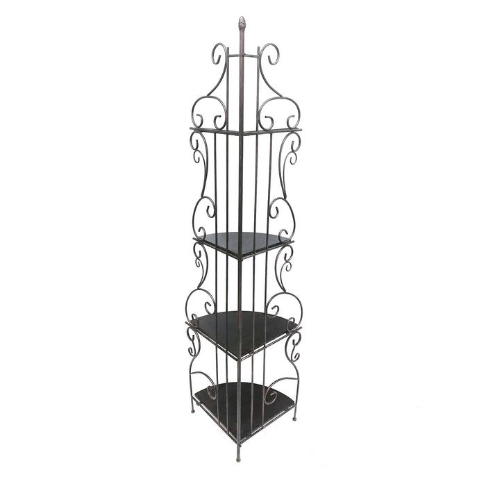 Scrollwork Design Metal Corner Bookcase with 4 Shelves, Brown