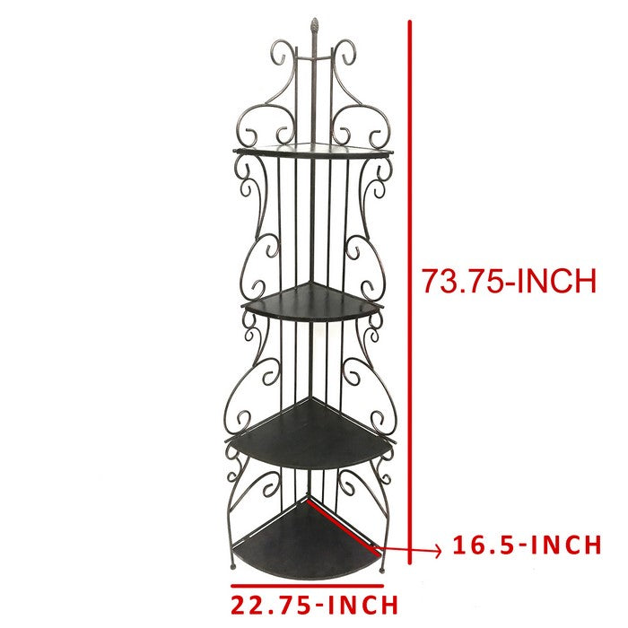 Scrollwork Design Metal Corner Bookcase with 4 Shelves, Brown