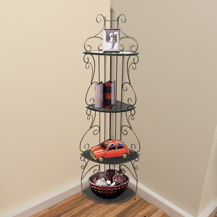 Scrollwork Design Metal Corner Bookcase with 4 Shelves, Brown