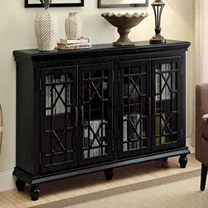 Well-Designed Wooden Accent Cabinet With Lattice Doors, Black