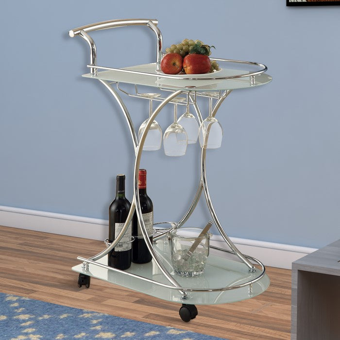Captivating Serving Cart With 2 Frosted Glass Shelves, Silver