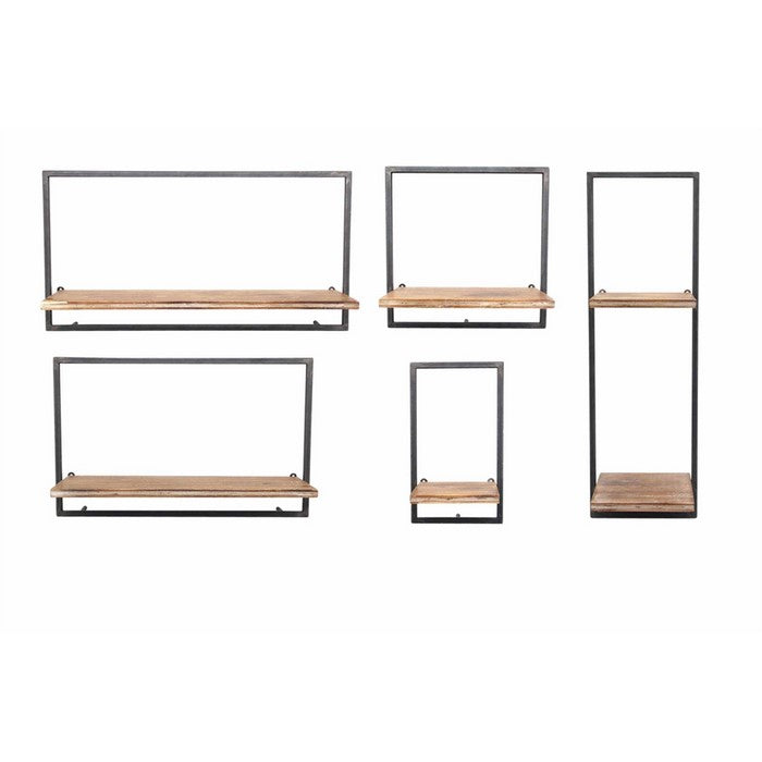 Transitional Metal And Wood Wall Shelf, Brown, Set Of 5