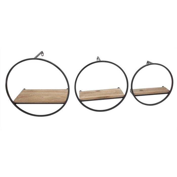 Round Shape Metal And Wood Wall Shelf, Brown, Set Of 3