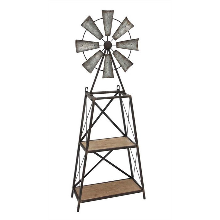 Wood And Metal Windmill Table/Wall Shelf, Gray And Black