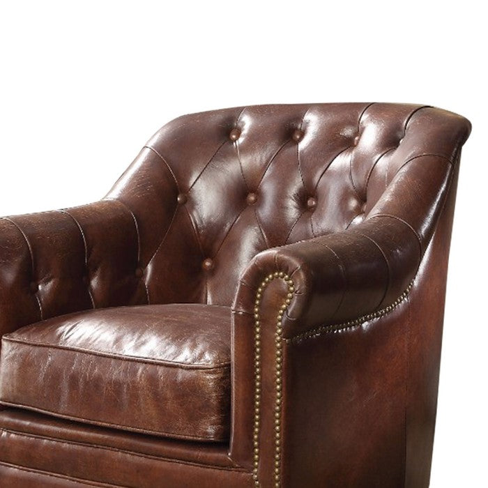 Leatherette Chair with Rolled Arms and Casters, Brown