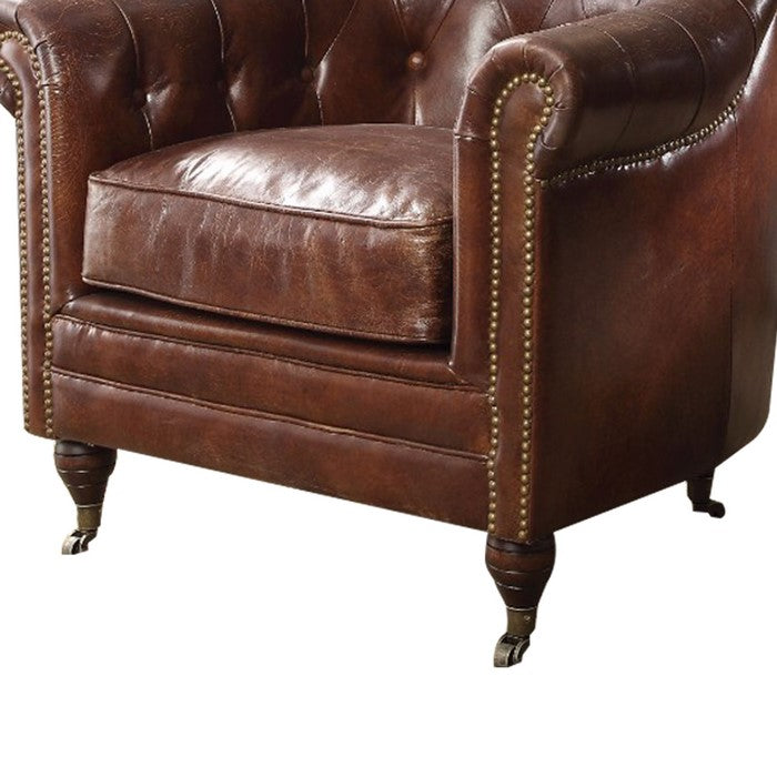 Leatherette Chair with Rolled Arms and Casters, Brown