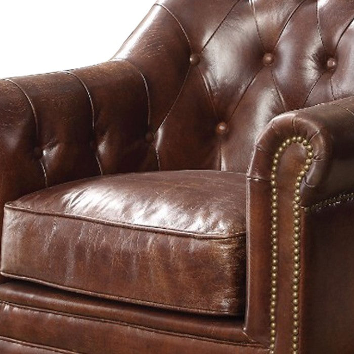Leatherette Chair with Rolled Arms and Casters, Brown