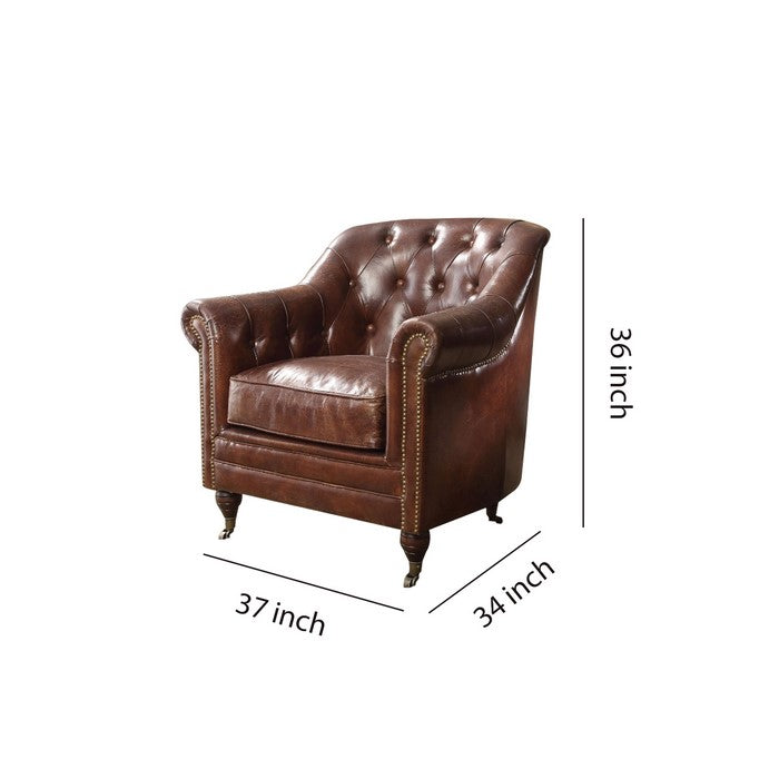 Leatherette Chair with Rolled Arms and Casters, Brown