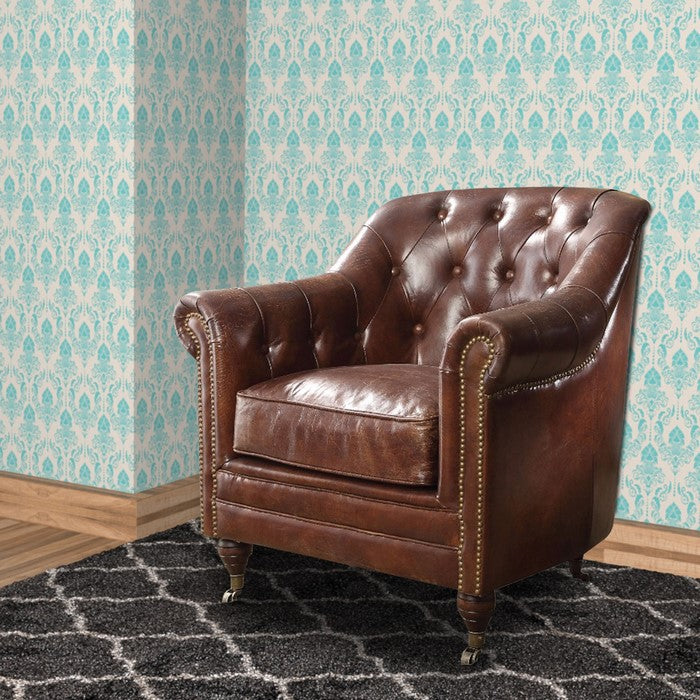 Leatherette Chair with Rolled Arms and Casters, Brown