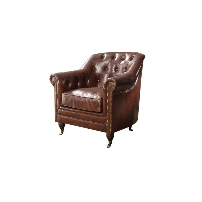 Leatherette Chair with Rolled Arms and Casters, Brown
