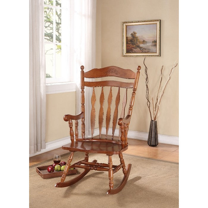 Wooden Rocking Chair with Armrests and Spindle Details, Brown