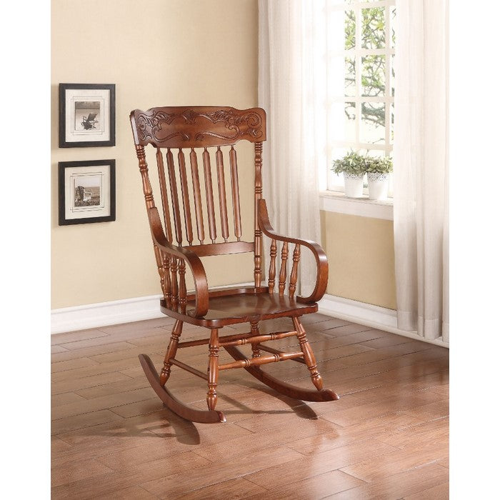 Wooden Curved Back Rocking Chair with Rolled Arms and Spindles, Brown