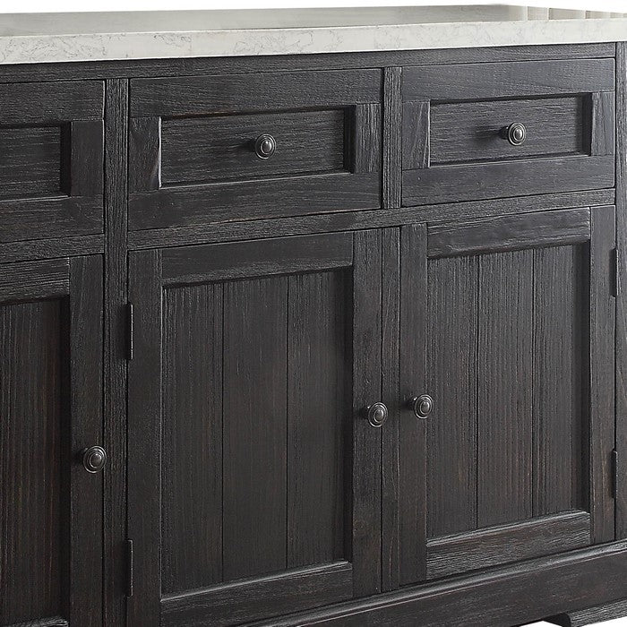 Commodious Wooden Server, White Marble Top & Weathered Black