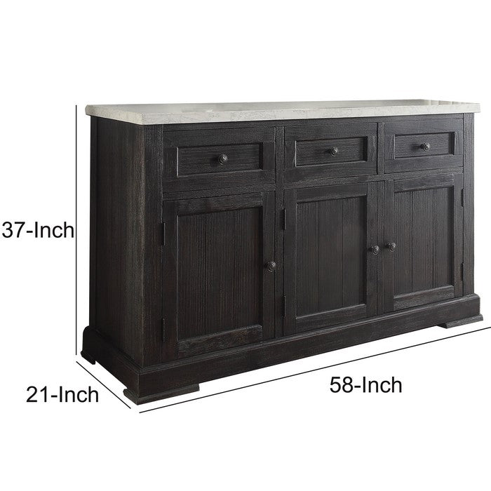 Commodious Wooden Server, White Marble Top & Weathered Black