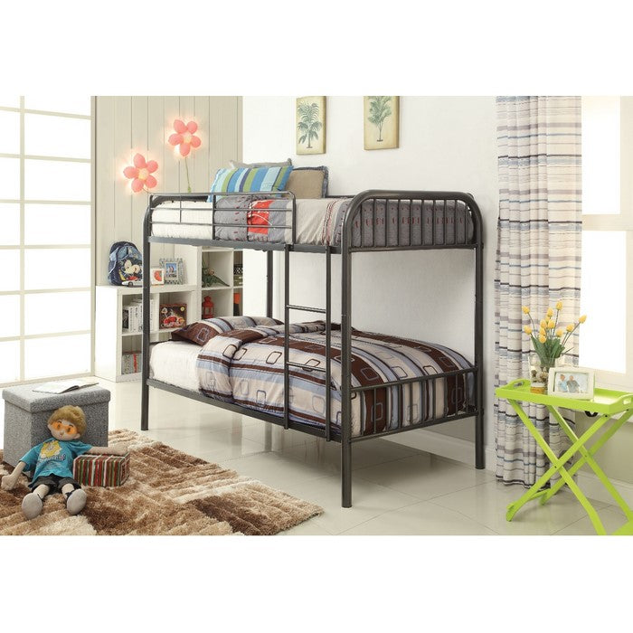Slatted Design Metal Twin Over Twin Bunk Bed with Attached Ladder, Gray