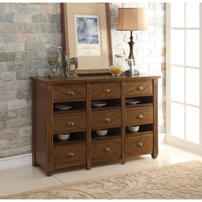 Wooden Server With 9 Drawers and 6 Trays, Light Walnut