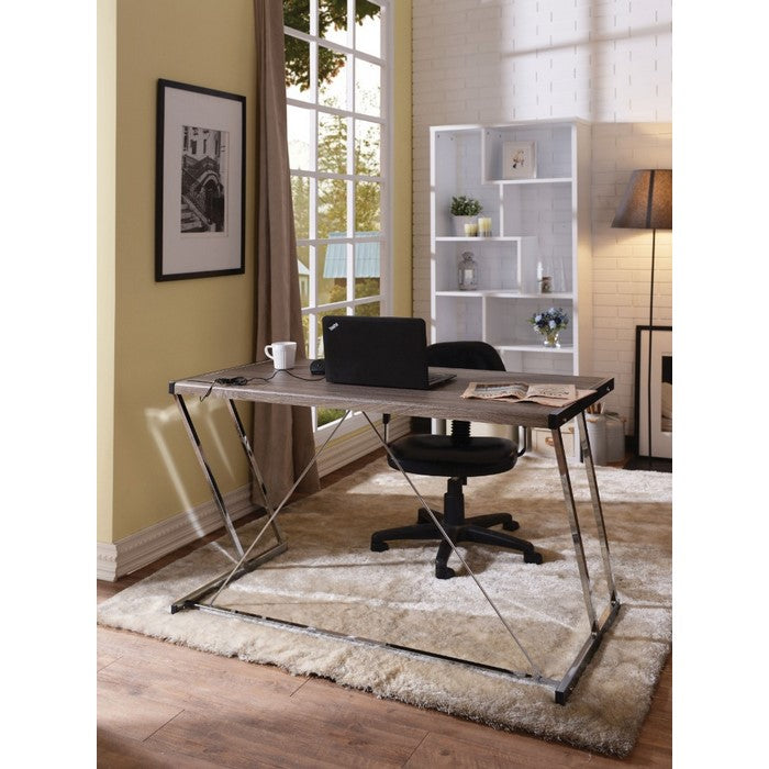 Metal Rectangular Writing Desk With USB Dock, Oak Brown & Silver