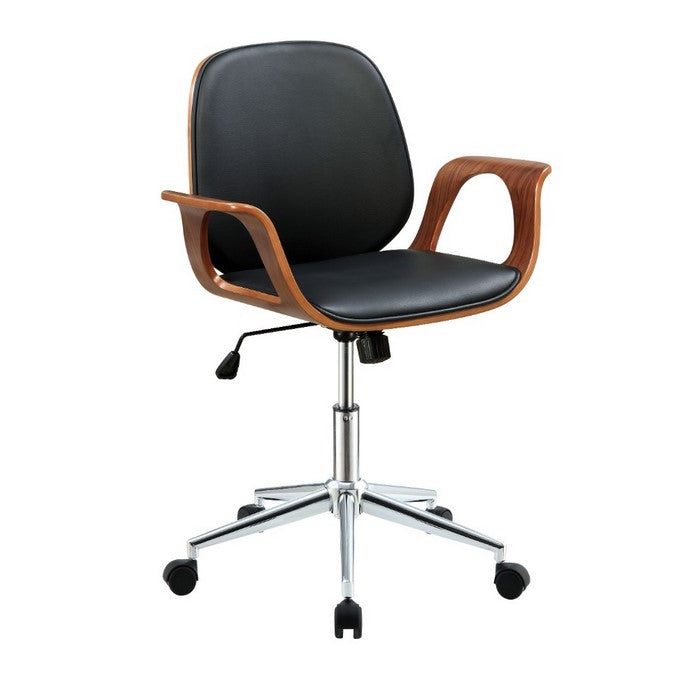 Wood and Metal Office Arm Chair with Leatherette Seating, Black and Brown