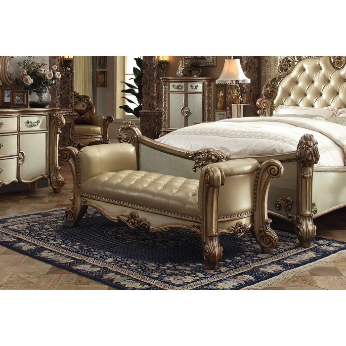 Button Tufted Leatherette Upholstered Wooden Bench, Champagne Gold