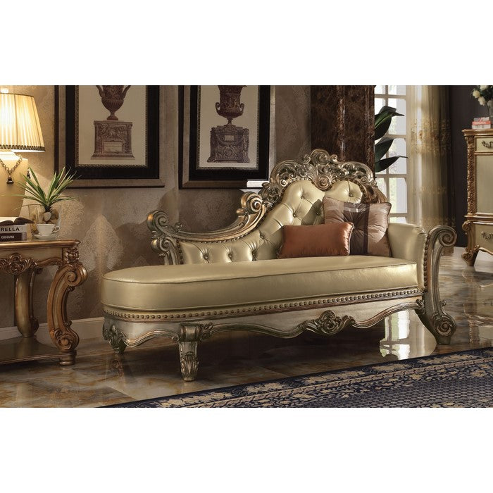Wooden Gracious Chaise with 2 Pillows, Gold Patina & Bone