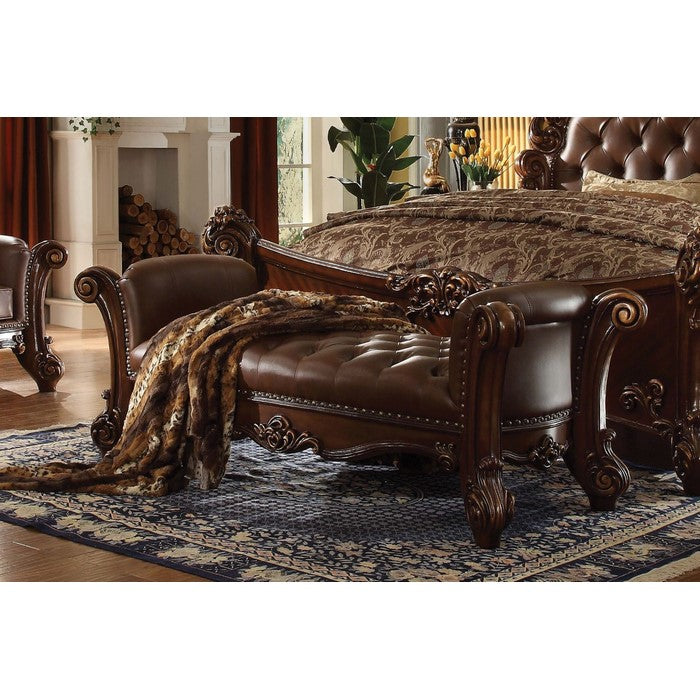 Leatherette Button Tufted Bench with Oversized Scroll Legs, Cherry Brown