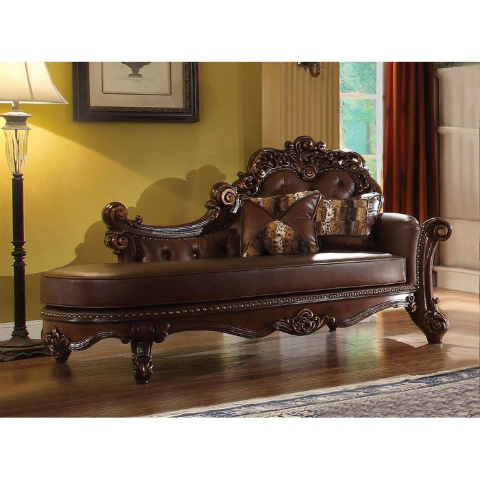 Leatherette Button Tufted Back Chaise with Nailhead Trim, Brown