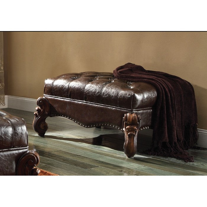 Leatherette Ottoman with Button Tufting and Nailhead Trim Details, Brown