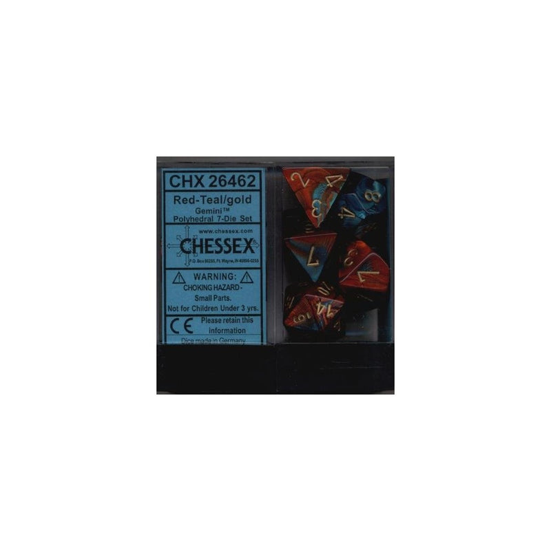 Polyhedral 7-Die Gemini Dice Set: Red / Teal with Gold (d4, d6, d8, d10, d12, d20 & d00)