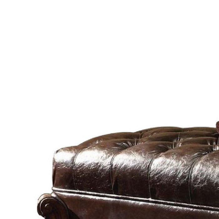 Leatherette Ottoman with Button Tufting and Nailhead Trim Details, Brown